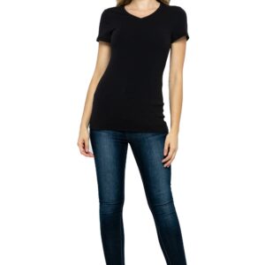 Women's Basic Solid Active Soft Cotton Short Sleeve V Neck Slim Fitted Top T-Shirts in Black - M