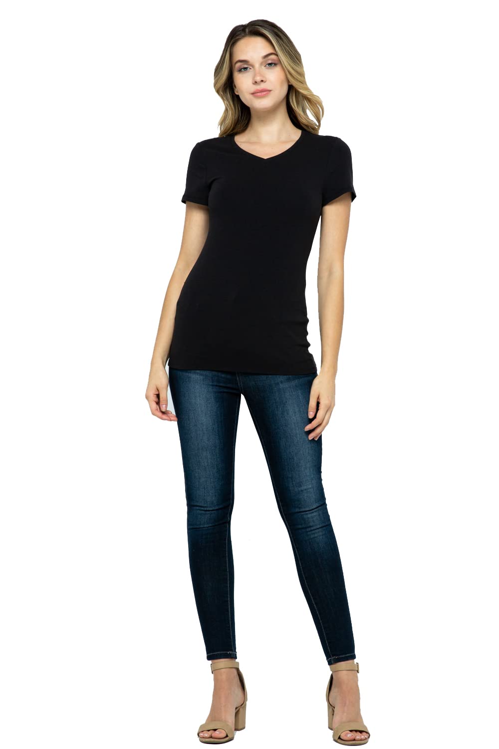 Women's Basic Solid Active Soft Cotton Short Sleeve V Neck Slim Fitted Top T-Shirts in Black - M