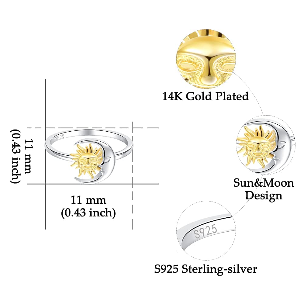 ZGBY Sun and Moon Ring 925 Sterling Silver Crescent Moon Sun Rings for Women Teens Lovers jewelry gifts (sun moon ring, 10)