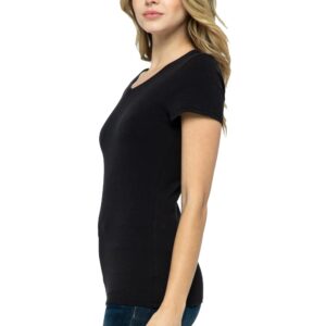 Women's Basic Solid Active Soft Cotton Short Sleeve V Neck Slim Fitted Top T-Shirts in Black - M