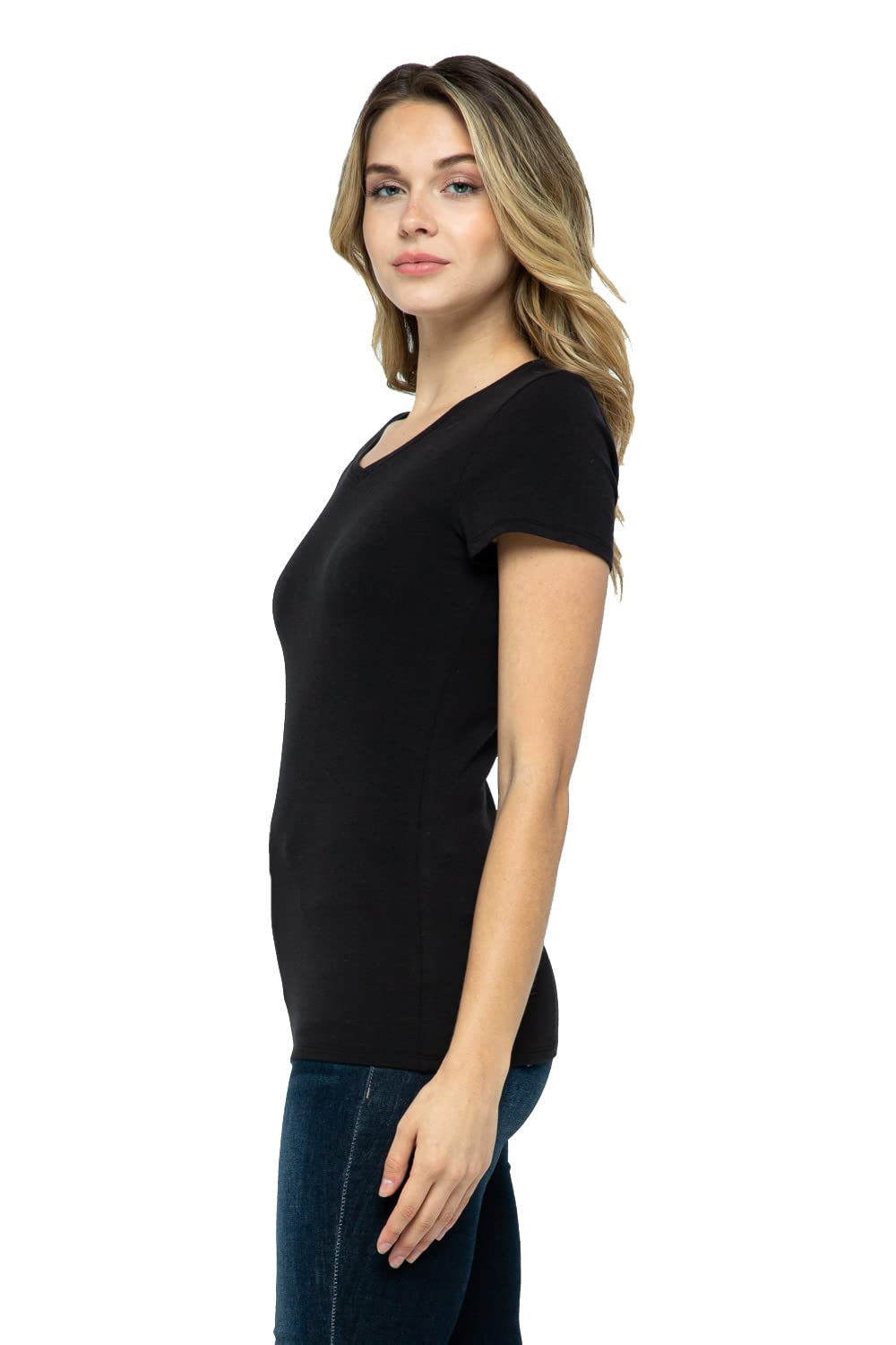 Women's Basic Solid Active Soft Cotton Short Sleeve V Neck Slim Fitted Top T-Shirts in Black - M