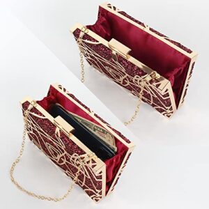 Reberomantic Women Metal Handbag Chain Geometric Evening Clutch Purse (W-Dark Red)