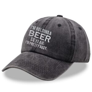 I'm Holding A So Yeah I'm Pretty Busy Hat, Funny Gag Gifts, Embroidered Distressed Adjustable Denim Baseball Cap for Women Men (Embroidered Black, One Size)