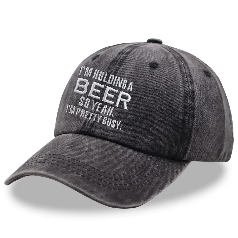 I'm Holding A So Yeah I'm Pretty Busy Hat, Funny Gag Gifts, Embroidered Distressed Adjustable Denim Baseball Cap for Women Men (Embroidered Black, One Size)