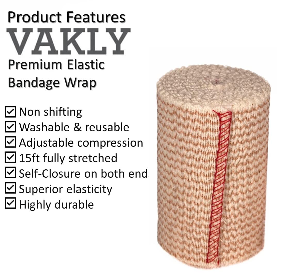 Elastic Bandage Wrap with Self-Closure [Pack of 3] Comfort Athletic Compression Roll, 5 Yards Stretched for Customized Compression on Knee, Ankle, Wrist - Plus a Vakly First Aid Kit Guide (3 INCH)