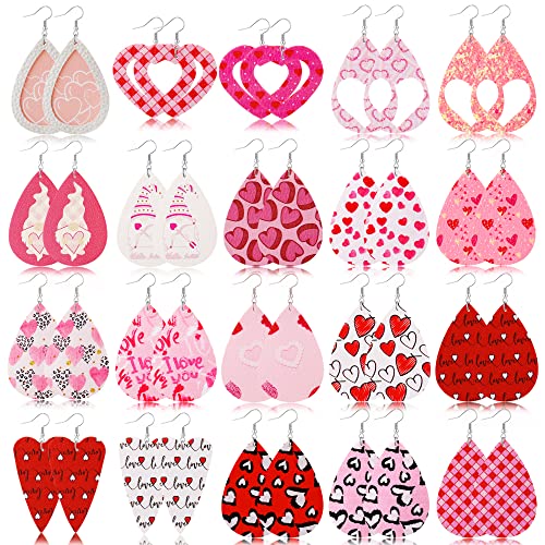 Valentine's Day Leather Earrings for Women Lightweight Faux Leather Teardrop Dangle Earrings Heart-Shaped Print Drop Earrings Set Valentine Day Gift for Girlfriend