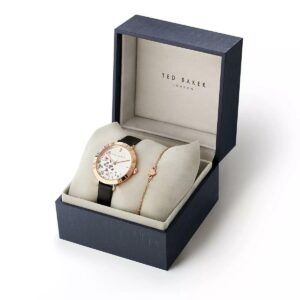 Ted Baker Ammy Hearts Black Leather Strap Watch & Rose Gold Sweetheart Bracelet Box Set (Model: BKG0282009I)