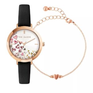 ted baker ammy hearts black leather strap watch & rose gold sweetheart bracelet box set (model: bkg0282009i)