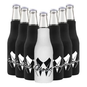 lady & home set of 7 bachelor party bottle cooler,groom and groomsman beer bottle sleeve,collapsible can holder for bachelor (black-bottle-squiggles)