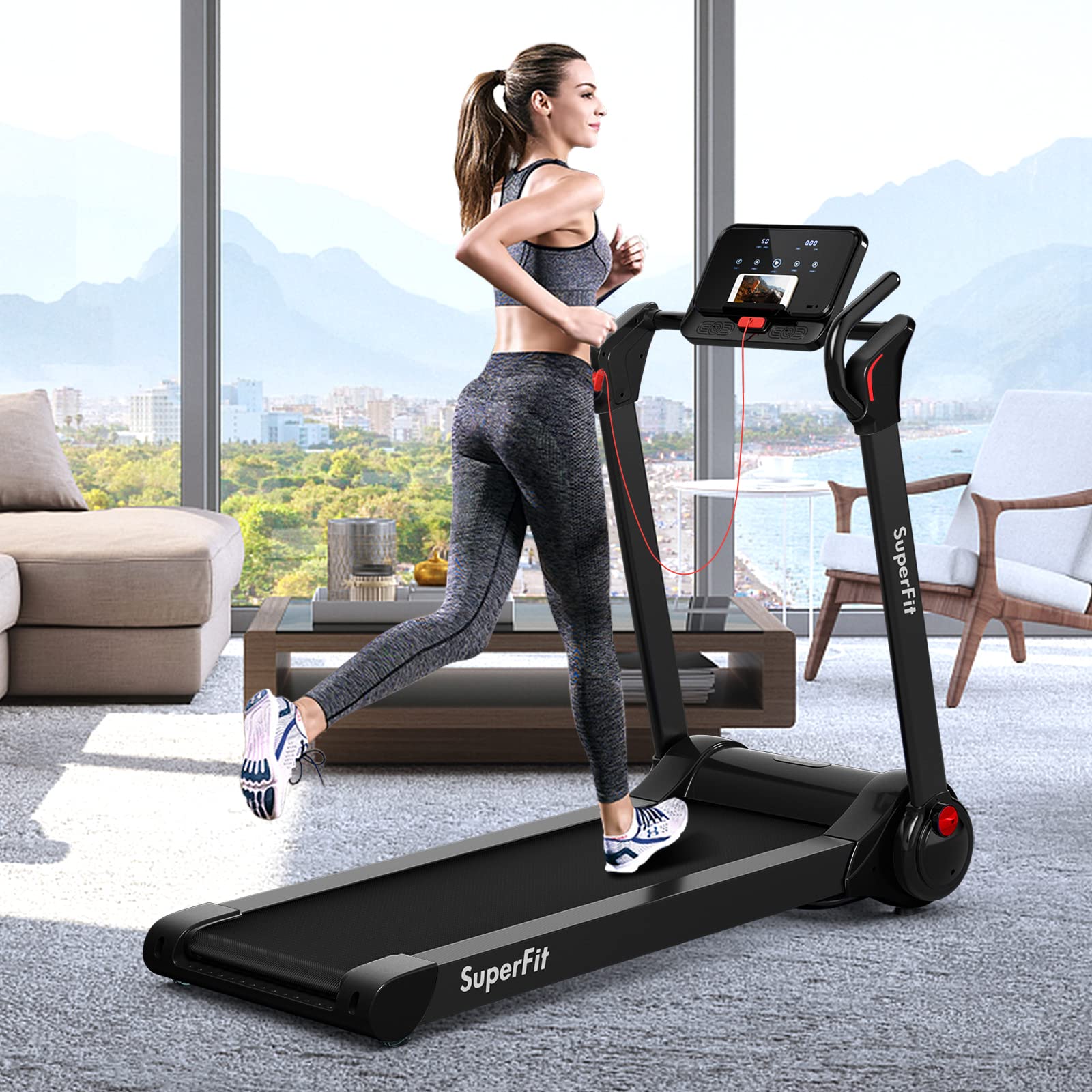 Goplus 2.25HP Folding Treadmill, Electric Superfit Treadmill W/LED Display, APP Control, Blue Tooth Speaker and Device Holder, Compact Jogging Walking Running Machine for Home & Office (Black)