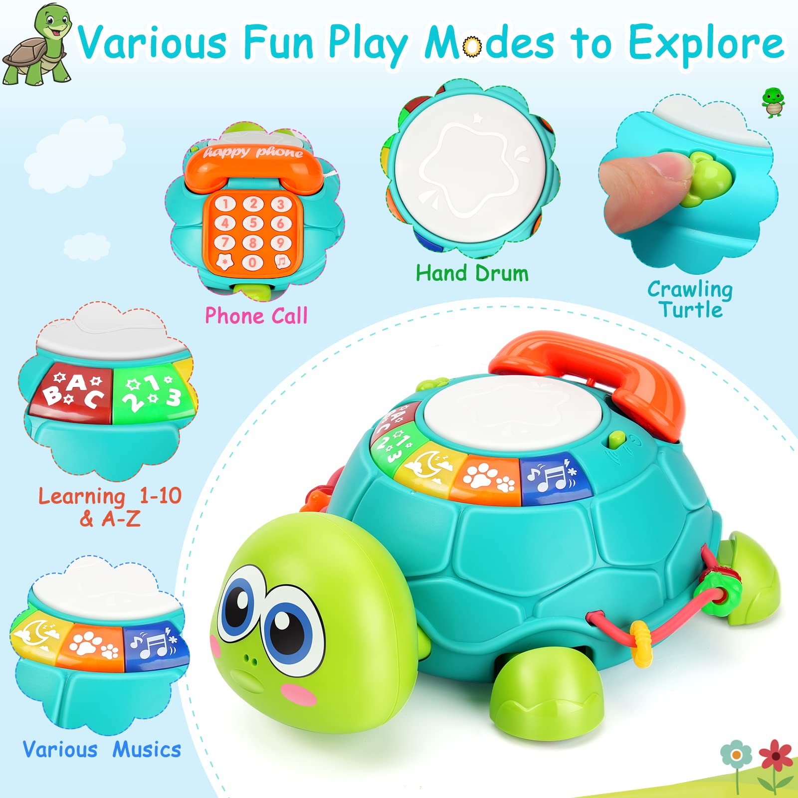 Musical Turtle Baby Toys 6 to 12 Months, Infant Light up Music Toys Tummy Time Development, Crawling Toy for 7 8 9 10+ Month Old, Easter Christmas for Babies 4 5 6 12 Month Boy Girl