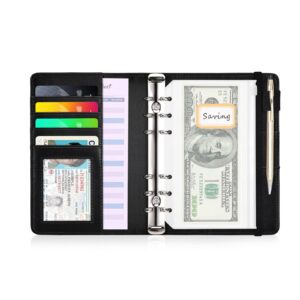 A6 Budget Binder with Cash Envelopes, PU Leather Refillable Notebook Binder, Loose Leaf Organizer Binder Cover, Money Organizer for Cash with Elastic Belt Closure (Black)