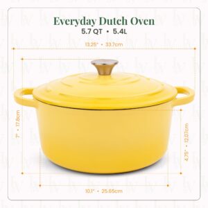 Larder & Vine Enameled Cast Iron Dutch Oven with Lid - Oversized Handles, Dome Lid, Dutch Oven for Sourdough Bread Making – 5.7QT/5.4L - (Limoncello)