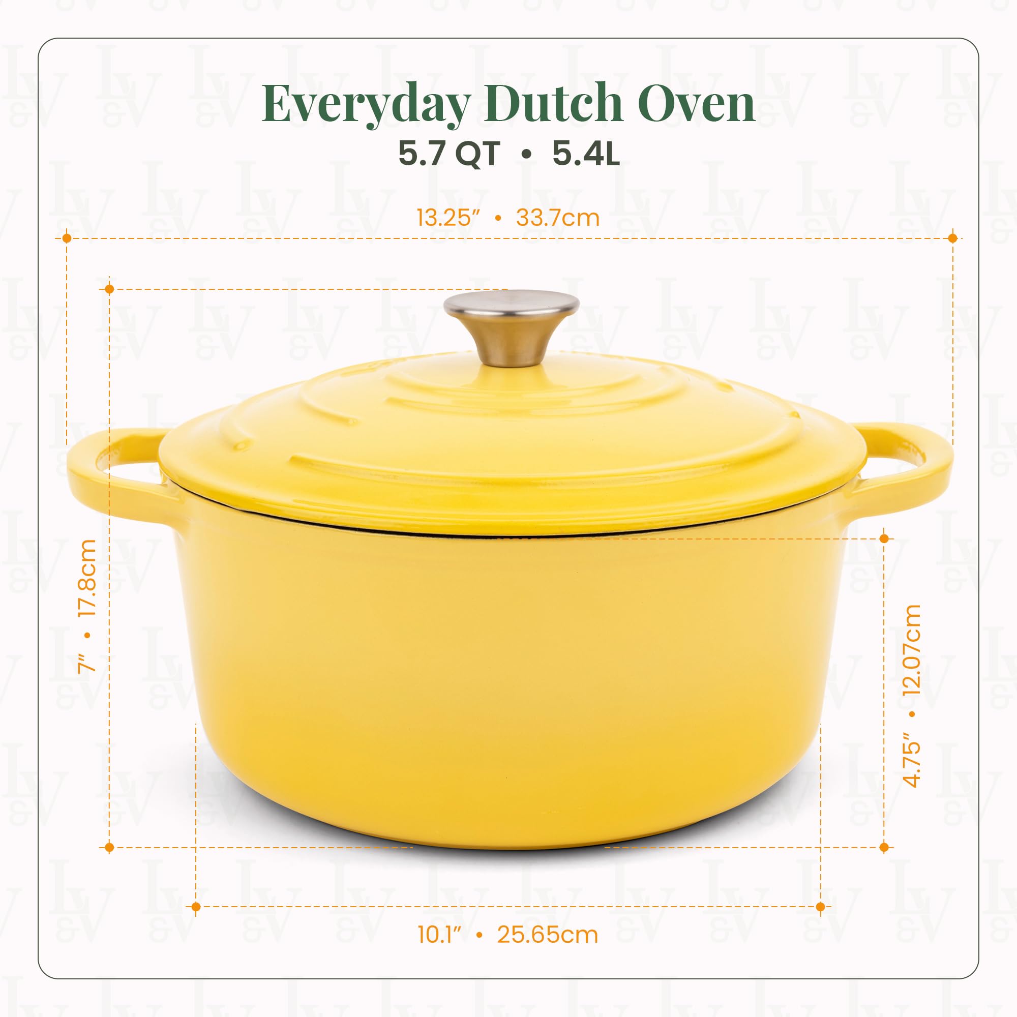 Larder & Vine Enameled Cast Iron Dutch Oven with Lid - Oversized Handles, Dome Lid, Dutch Oven for Sourdough Bread Making – 5.7QT/5.4L - (Limoncello)