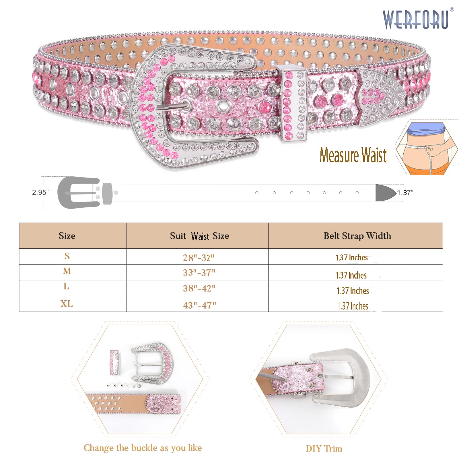 WERFORU Women Western Rhinestone Studded Leather Belt Cowgirl Bling Waist Belt for Jeans Dress, Pink,Fit Waist Size 32-37 Inches