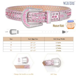 WERFORU Women Western Rhinestone Studded Leather Belt Cowgirl Bling Waist Belt for Jeans Dress, Pink,Fit Waist Size 27-31 Inches