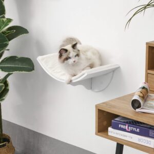 PawHut Wood Wall-Mounted Cat Shelves, Curved Kitten Bed Cat Perch Climber with Fleece Top, 16.25" x 11" x 8.25", White