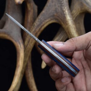 Knives Ranch Handmade Damascus Steel Full Tang 5-1/2" Cowboy Style Dandy Knife with Blue Dyed Cattle Bone Handle and Horizontal Carrying Crossdraw Sheath Snug Fit (2006-BLU)