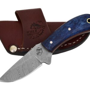 Knives Ranch Handmade Damascus Steel Full Tang 5-1/2" Cowboy Style Dandy Knife with Blue Dyed Cattle Bone Handle and Horizontal Carrying Crossdraw Sheath Snug Fit (2006-BLU)