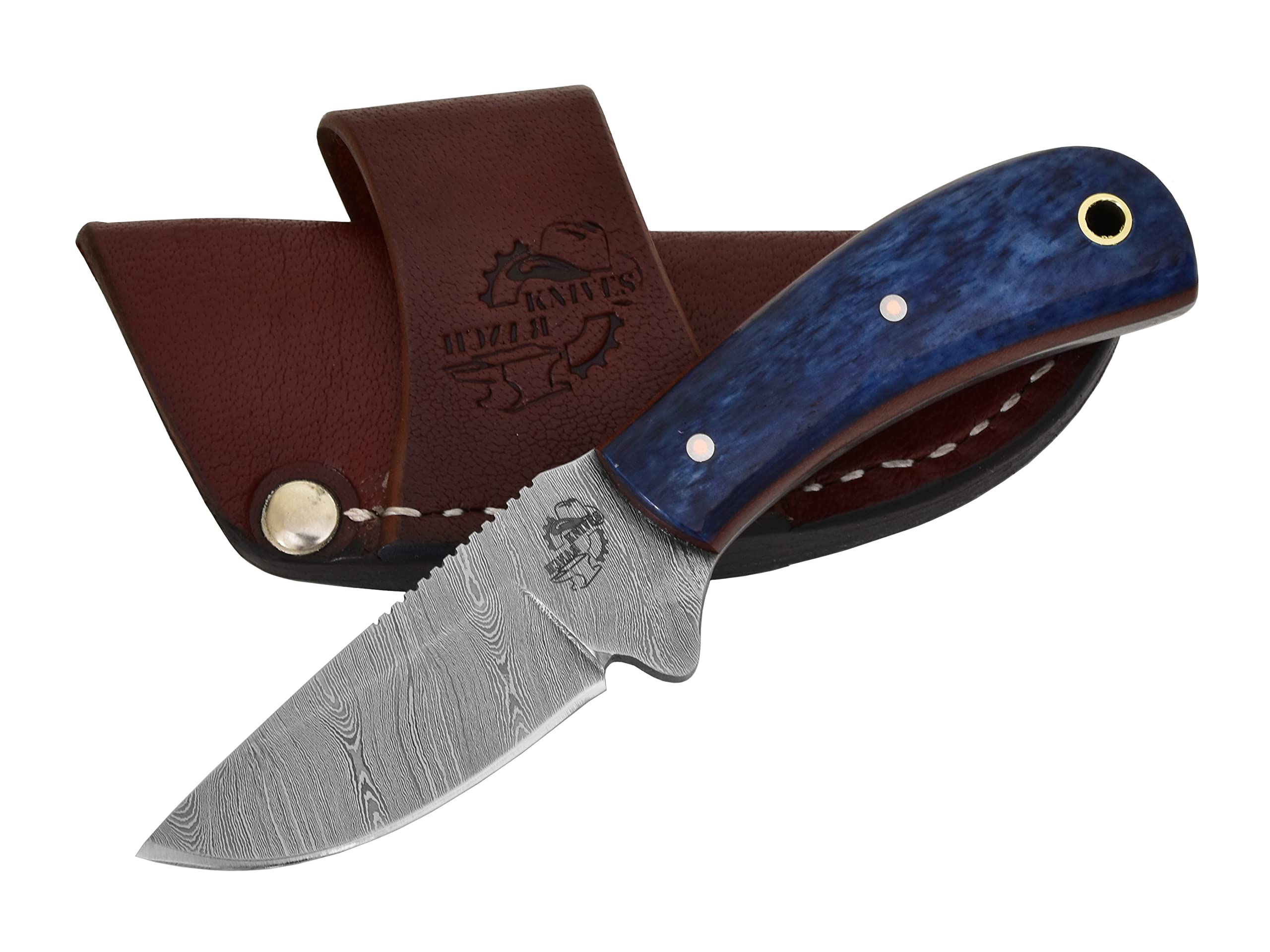 Knives Ranch Handmade Damascus Steel Full Tang 5-1/2" Cowboy Style Dandy Knife with Blue Dyed Cattle Bone Handle and Horizontal Carrying Crossdraw Sheath Snug Fit (2006-BLU)