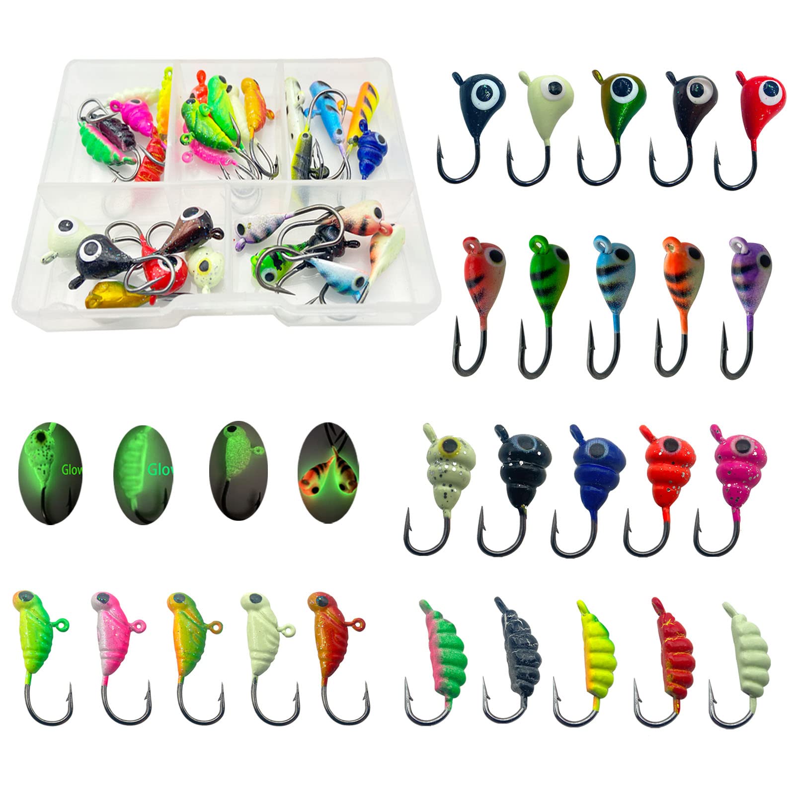 25Pcs Ice Fishing Jigs for Panfish Crappie Sunfish Walleye Ice Fishing Jig Box Gear Accessories Ice Fishing Tackle Box Set (Style 3)