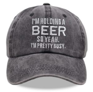 i'm holding a so yeah i'm pretty busy hat, funny gag gifts, embroidered distressed adjustable denim baseball cap for women men (embroidered black, one size)