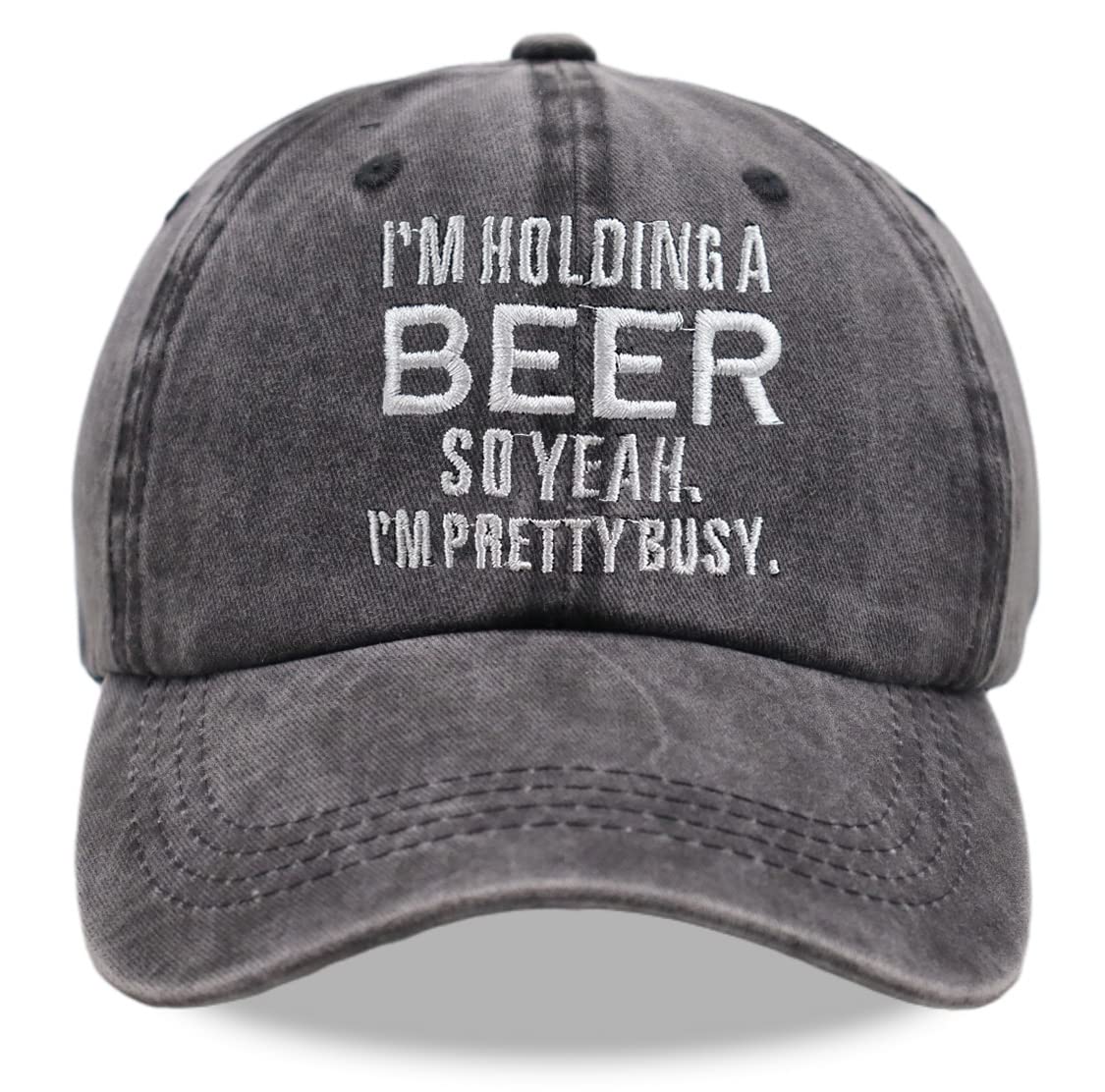 I'm Holding A So Yeah I'm Pretty Busy Hat, Funny Gag Gifts, Embroidered Distressed Adjustable Denim Baseball Cap for Women Men (Embroidered Black, One Size)