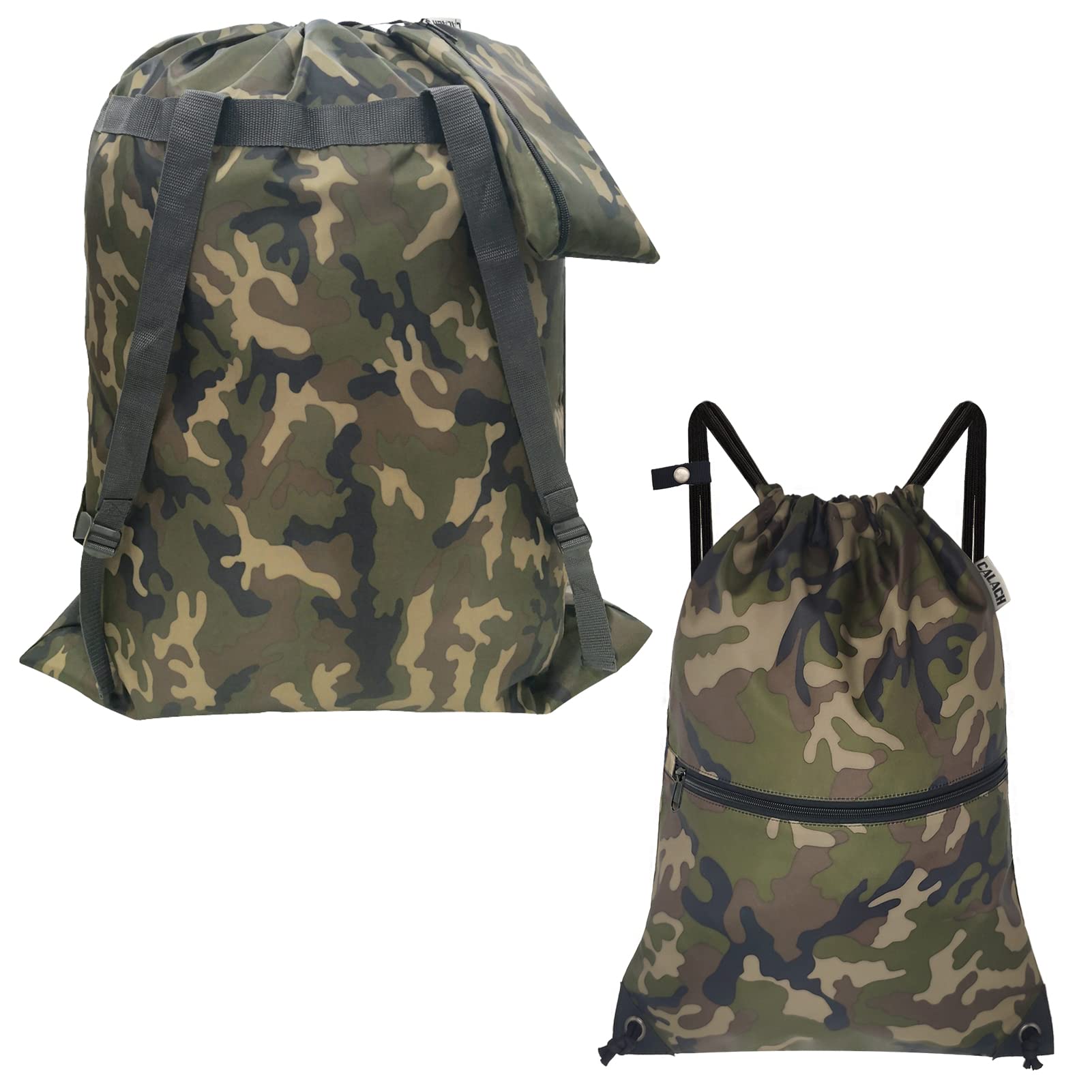 CALACH Large Camo Laundry Bag Backpack + Large Camo Drawstring Bag Backpack Sports Gym Sack