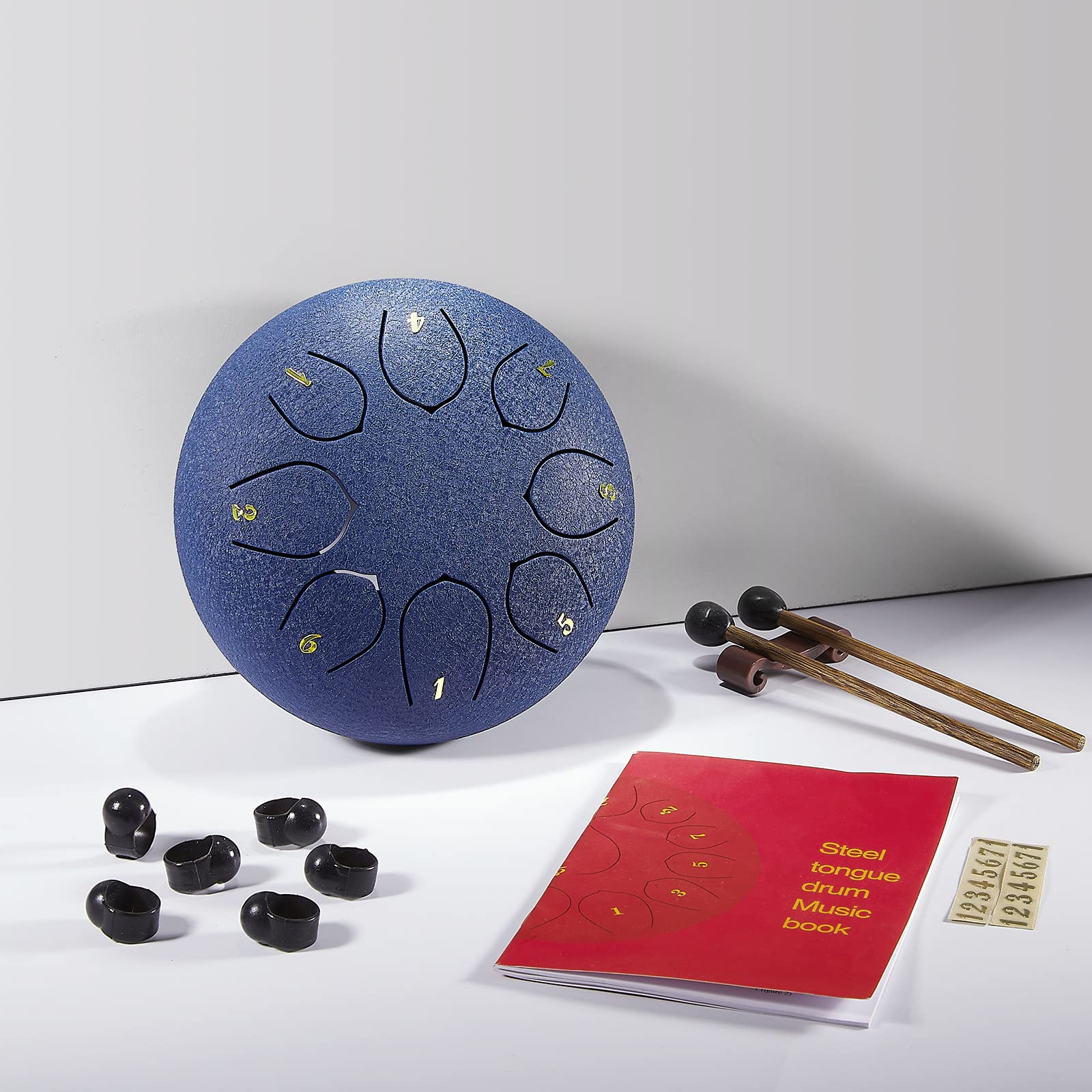 ZXZYHFTY Steel Tongue Drum, 6 Inch 8 Note Rain Chime Drum with Bag, Music Book, Drumsticks, Mallet Holder and Finger Paddles, for Camping, Meditation or Yoga .(Navy Blue)