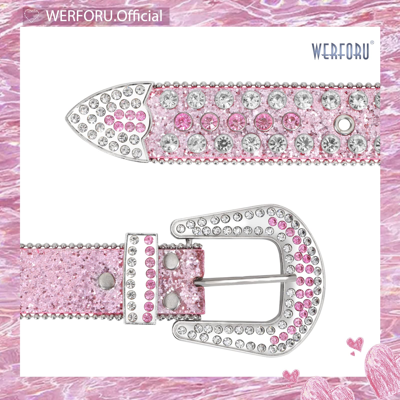 WERFORU Women Western Rhinestone Studded Leather Belt Cowgirl Bling Waist Belt for Jeans Dress, Pink,Fit Waist Size 32-37 Inches