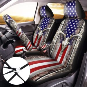 10 Pcs American Flag Wood Deer Skull Camo Car Accessories Set 4th of July Patriotic Car Seat Covers Steering Wheel Cover Keyring Car Cup Holder Armrest Pad Seat Belt Pads Wrist Strap for SUV Truck