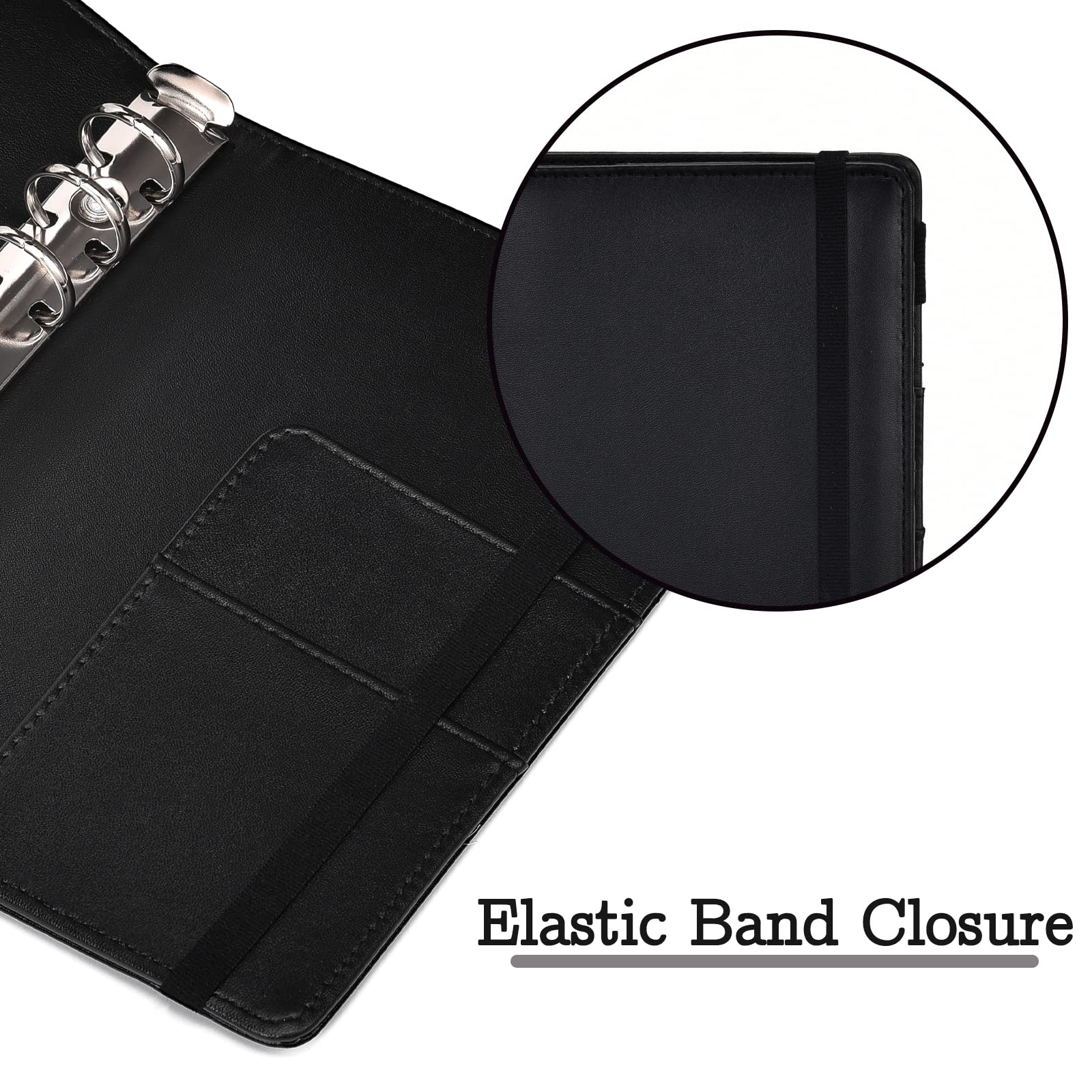 A6 Budget Binder with Cash Envelopes, PU Leather Refillable Notebook Binder, Loose Leaf Organizer Binder Cover, Money Organizer for Cash with Elastic Belt Closure (Black)