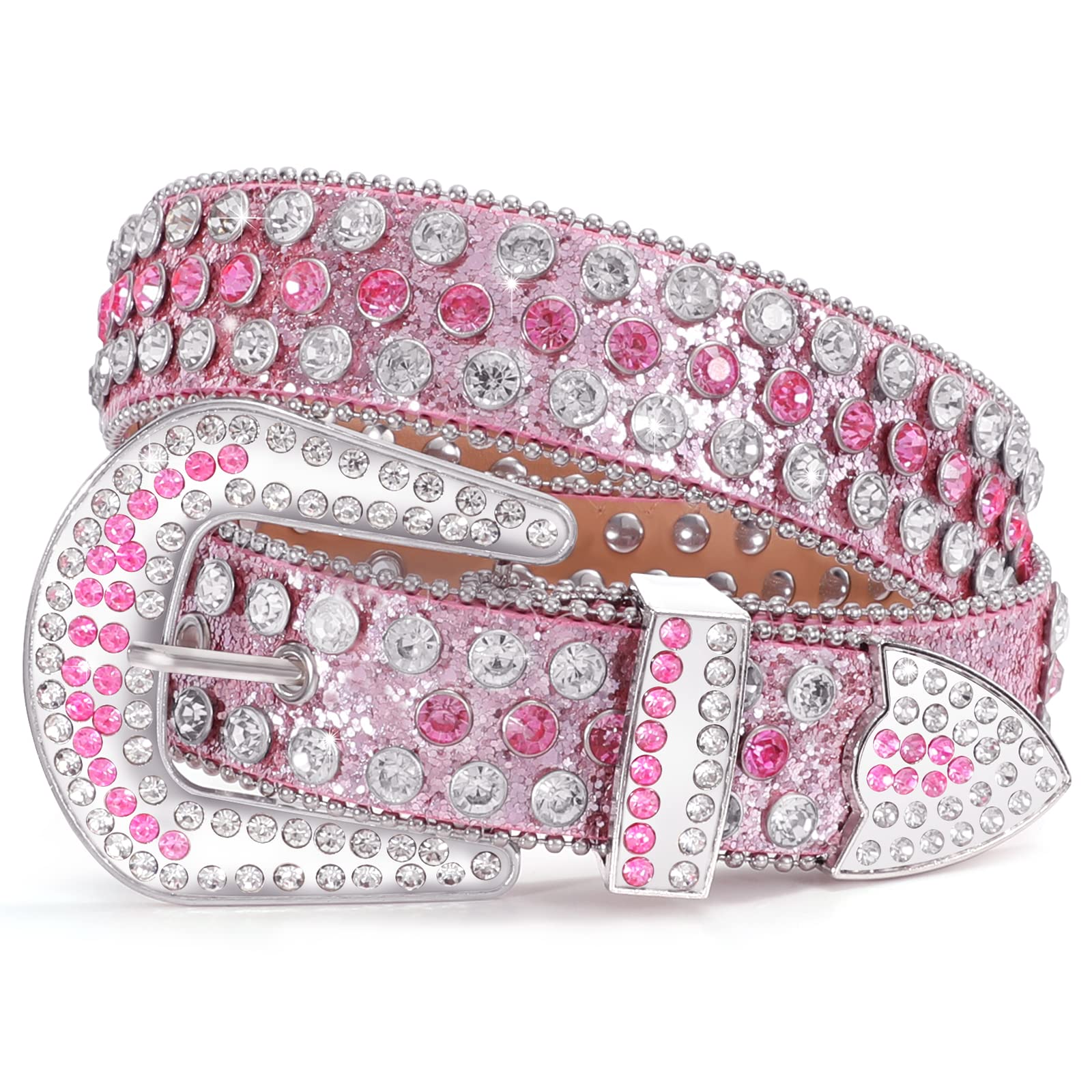 WERFORU Women Western Rhinestone Studded Leather Belt Cowgirl Bling Waist Belt for Jeans Dress, Pink,Fit Waist Size 32-37 Inches