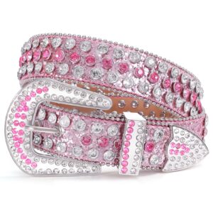 WERFORU Women Western Rhinestone Studded Leather Belt Cowgirl Bling Waist Belt for Jeans Dress, Pink,Fit Waist Size 27-31 Inches