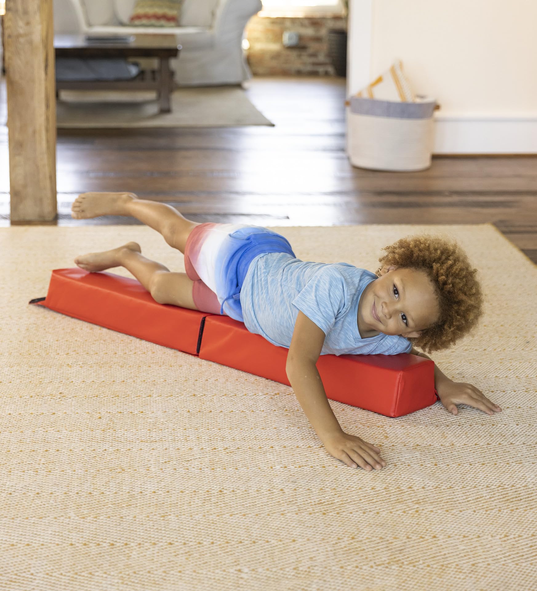 Hearthsong 4-Foot Gymnastics Balance Beam, 24 "L x 5"W x 4"H, Red, 2-Piece Lightweight Foam, Hook and Loop Connectors, Non-Slip Surface, Ages 3 and Up