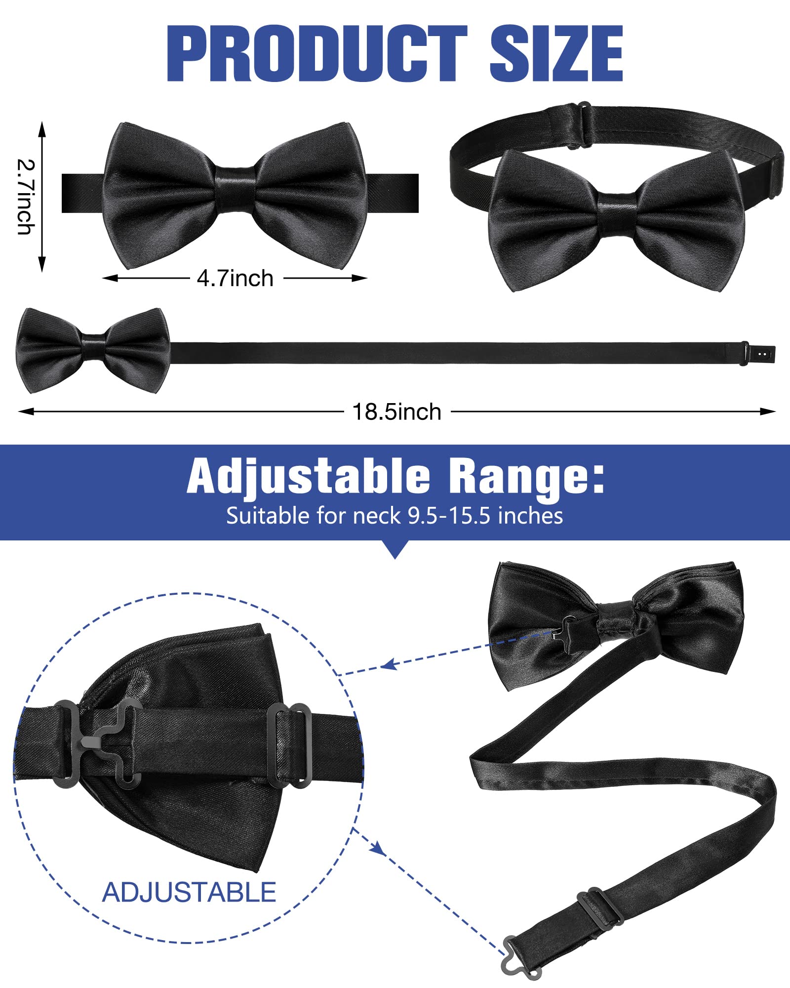 20 Pieces Bow Ties for Men, Formal Satin Solid Tuxedo Bow Ties Adjustable Length Pre Tied Bow Ties for Wedding Celebration(Black)