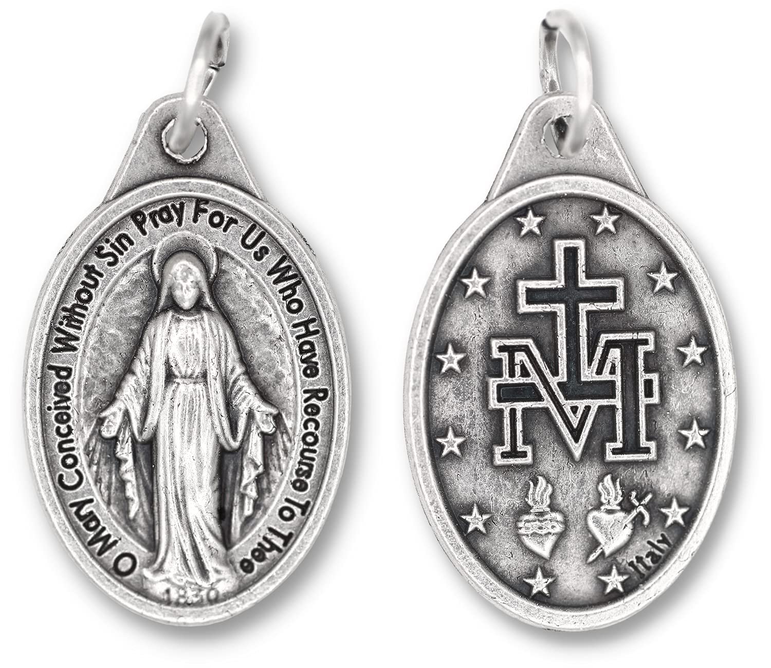 Caritas et Fides Bulk Pack of 10 - Miraculous Medal Pendant for Necklace -1" Oval Silver Oxidized Miraculous Medals Pendant for Necklace, Medals for Jewelry Catholic, Made in Italy