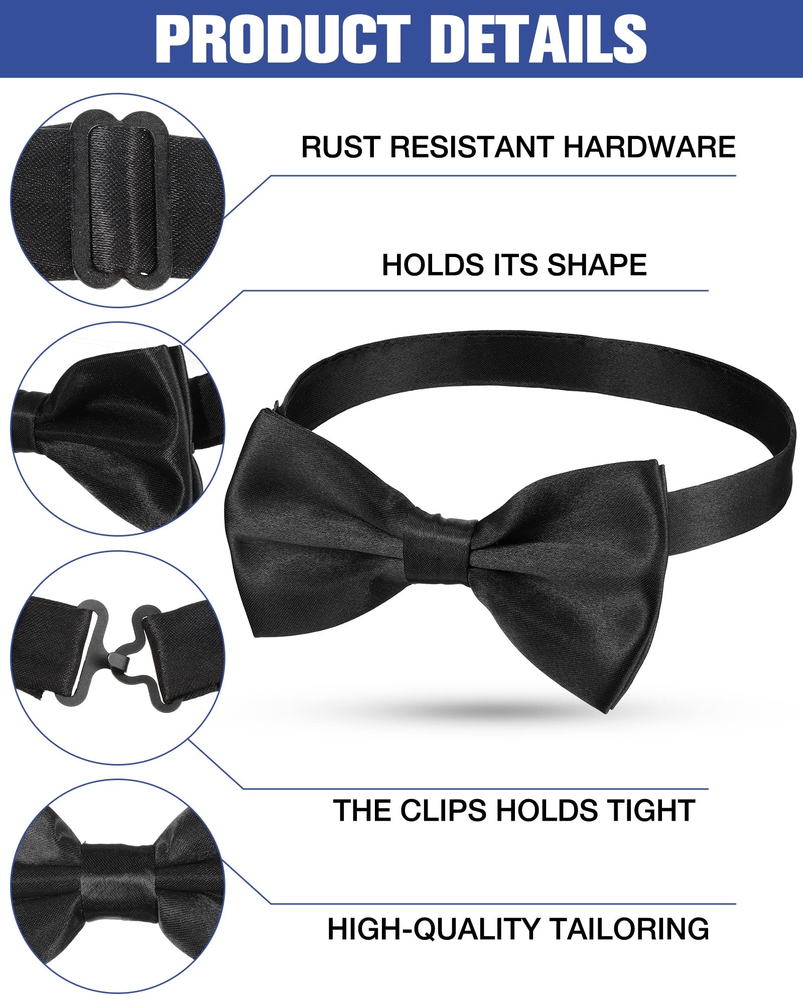 20 Pieces Bow Ties for Men, Formal Satin Solid Tuxedo Bow Ties Adjustable Length Pre Tied Bow Ties for Wedding Celebration(Black)