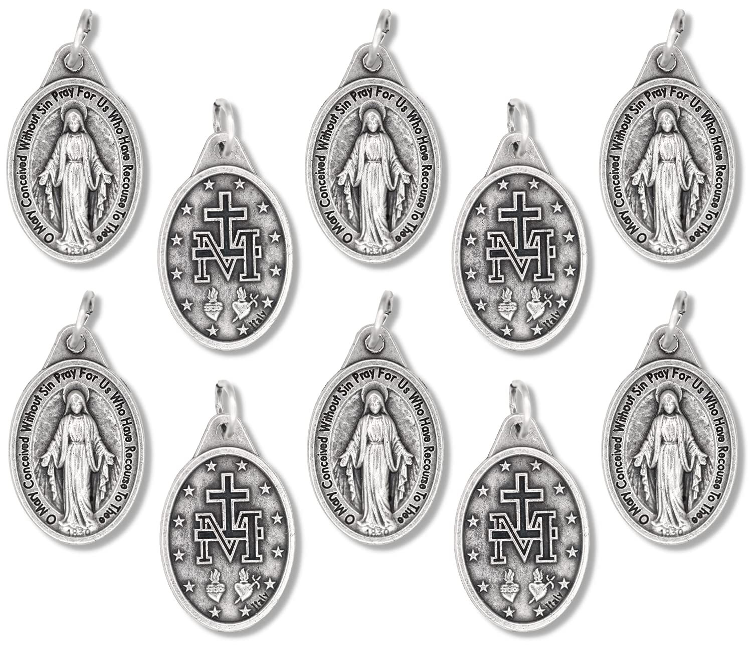 Caritas et Fides Bulk Pack of 10 - Miraculous Medal Pendant for Necklace -1" Oval Silver Oxidized Miraculous Medals Pendant for Necklace, Medals for Jewelry Catholic, Made in Italy