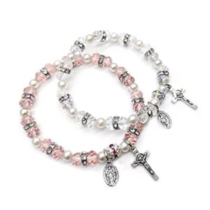 Crystal Cross Bracelet Elastic Beads Stretch Rosary Bracelet with Crucifix and Miraculous Medal for Women