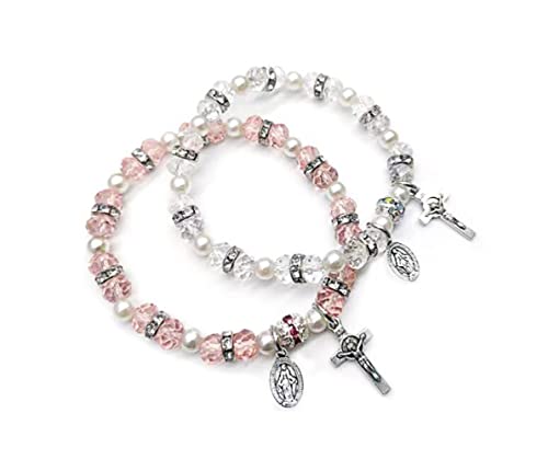 Crystal Cross Bracelet Elastic Beads Stretch Rosary Bracelet with Crucifix and Miraculous Medal for Women