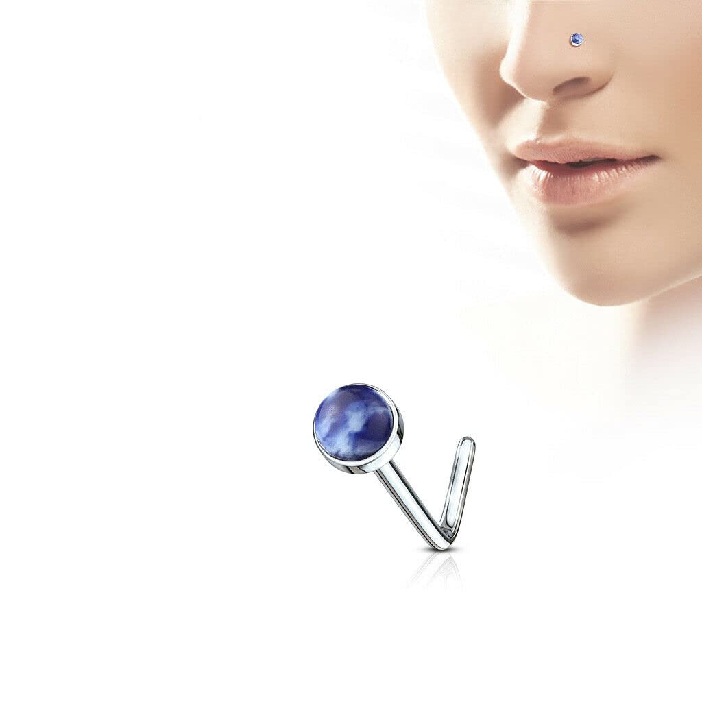 3mm Semi Precious Stone Top 316L Surgical Steel L Bend Nose Studs Rings 20G - Sodalite Blue