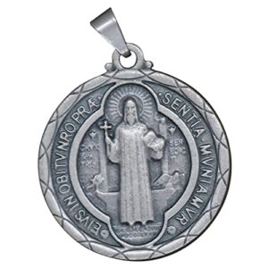 round saint benedict medal pendant | patron saint of students and europe | silver-tone metal | great catholic gift for first communion, confirmation, and ordination