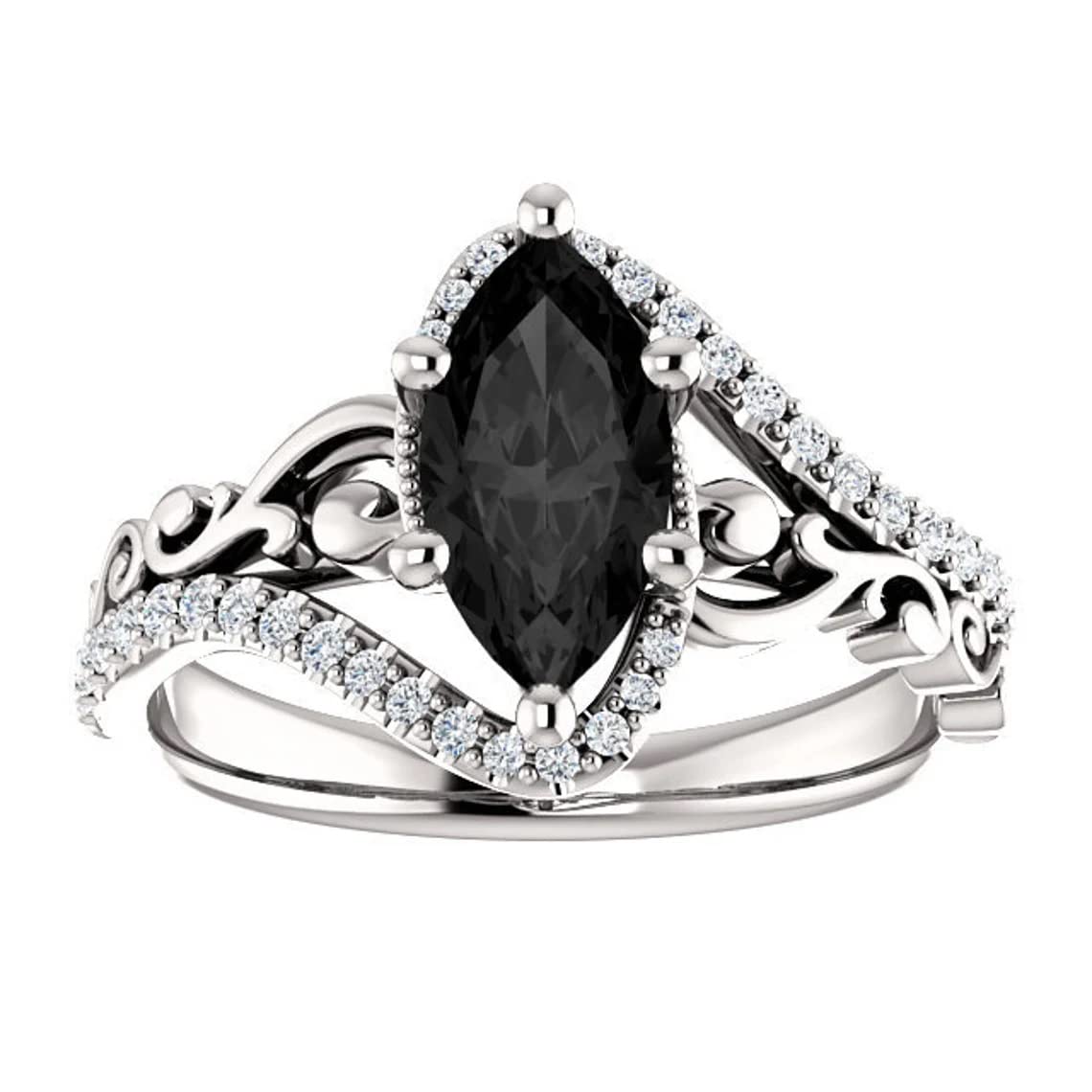 Vintage 3.5 CT Marquise Cut Onyx Black Diamond Art Deco Wedding Ring for Women in 925 Sterling Silver White Gold or Rose Gold or Yellow Gold Finish (Silver, 7.5)