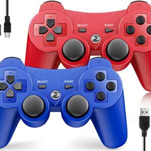 OKHAHA Controller 2 Pack for PS3 Wireless Controller for Sony Playstation 3, Double Shock 3, Bluetooth, Rechargeable, Motion Sensor, Remote for PS3 (With Stripes(Blue + Red))