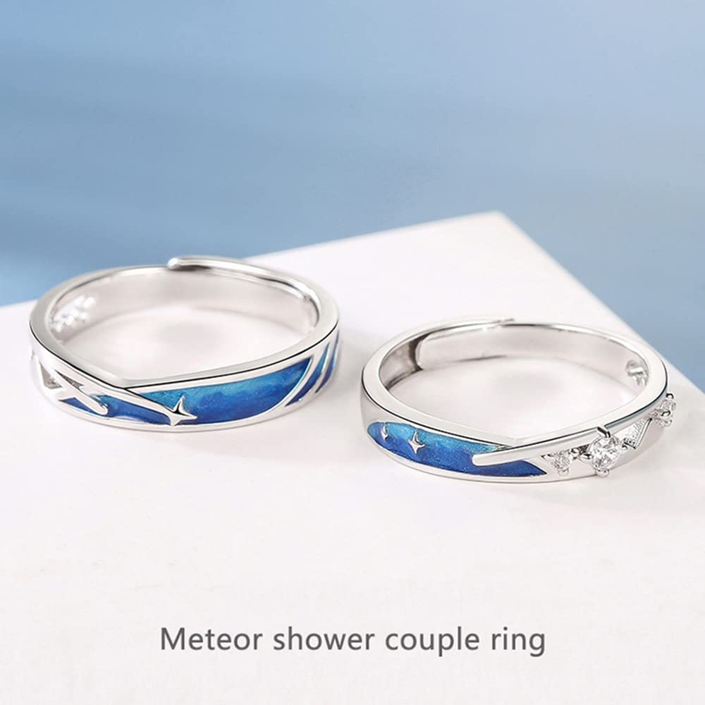 Meteor Shower Matching Couple Rings for Him and Her Sterling Silver 925 Crystal Cubic Zirconia Starry Sky Lucky Star Engagement Wedding Ring Promise Ring Statement Band Adjustable Finger Bands Set