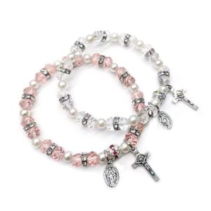 Crystal Cross Bracelet Elastic Beads Stretch Rosary Bracelet with Crucifix and Miraculous Medal for Women