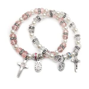 Crystal Cross Bracelet Elastic Beads Stretch Rosary Bracelet with Crucifix and Miraculous Medal for Women