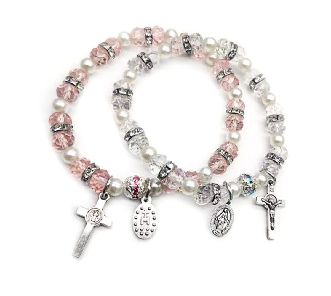 Crystal Cross Bracelet Elastic Beads Stretch Rosary Bracelet with Crucifix and Miraculous Medal for Women