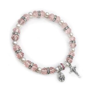 Crystal Cross Bracelet Elastic Beads Stretch Rosary Bracelet with Crucifix and Miraculous Medal for Women